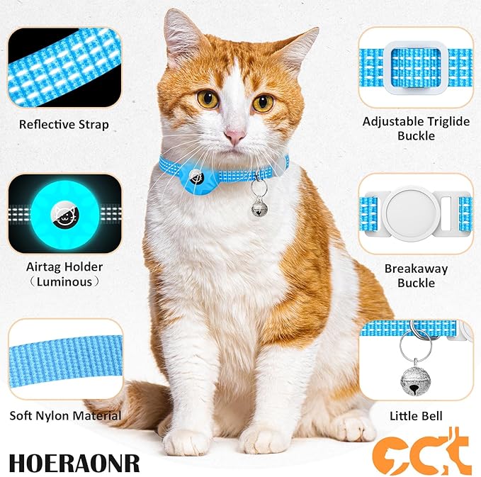 Apple AirTag Cat Collar, GPS Tracker with Reflective Breakaway Design, Lightweight Kitten Collar with Bell (Gray/Luminous Blue)