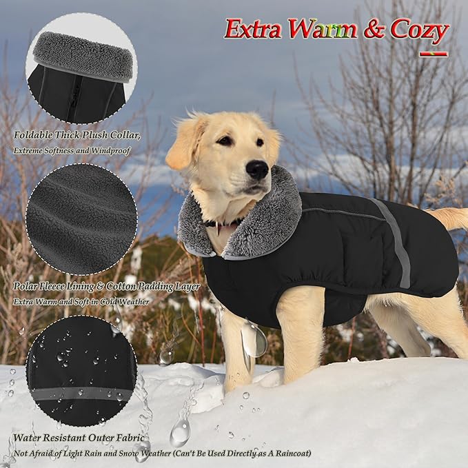 Dogcheer Warm Dog Coat, Waterproof Dog Jacket Christmas Puppy Winter Coat with Buckle, Reflective Adjustable Pet Snow Jacket Turtleneck Fleece Sweater for Small Medium Large Dogs - Black, 2XL
