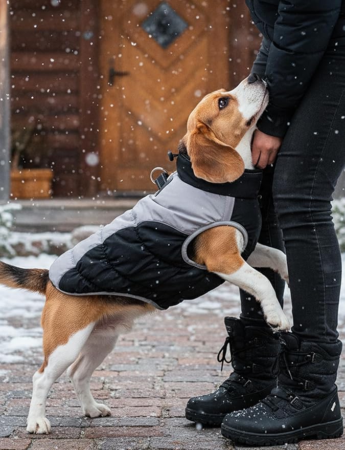AURUZA Dog Coat, Warm Dog Winter Coat Waterproof Small Dogs Jacket with Harness Built Reflective Pet Vest with Zipper for Medium Dogs Windproof Pet Fleece Vest Snow Jacket for Cold Weather（Black,XXL）
