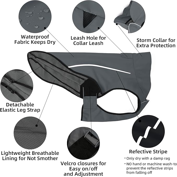 Mile High Life Dog Raincoat, Adjustable Waterproof Reflective Rain Jacket for Small Medium Large Dogs, Lightweight Breathable Pet Rain Coat with Leash Hole(Dark Gray,XXS Chest 16-19")