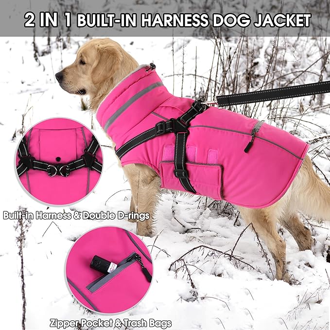 PETDSH Dog Coat Large, Built-in Harness Dog Jacket with Warm Fleece Lining, Waterproof Reflective Dogs Winter Coat, Pet Coats with Pocket and Trash Bags (Pink, XXX-Large)