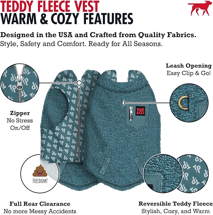 Tuff Pupper Reversible Fleece Sweater Vest for Dogs | Lightweight Comfortable Insulated Jacket | Front Zip Closure | Machine Washable | Built-in Leash Hole | Sizes for All Breeds (Large, Teal)