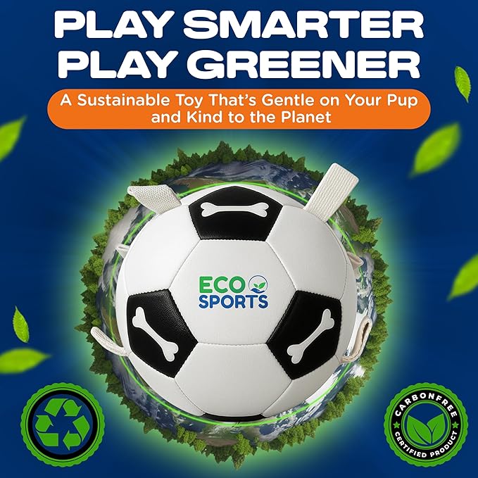 Eco Sports Dog Soccer Ball with Straps – Interactive Durable Dog Soccer Ball with Cotton Grab Tabs for Fetch Training and Outdoor Play, Pet Birthday Gift