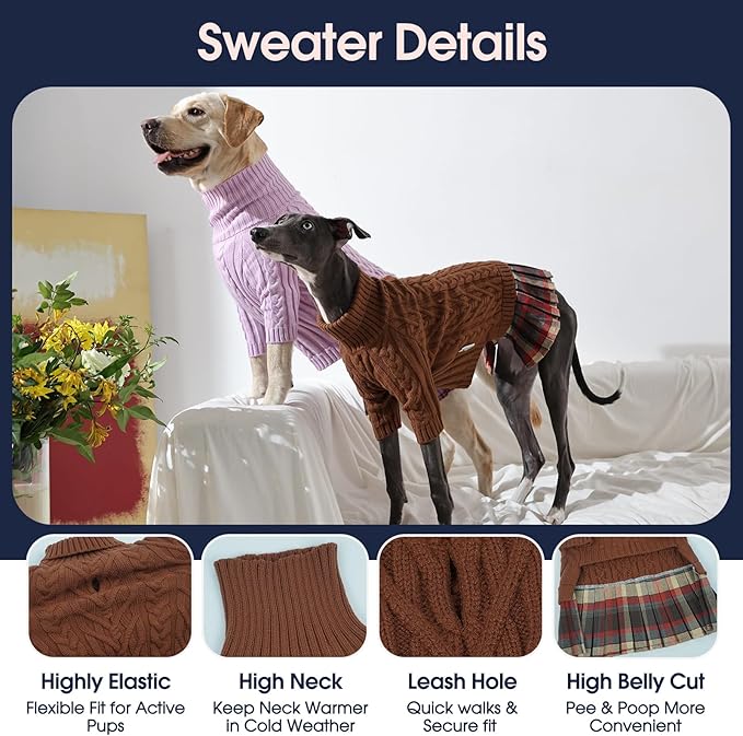 IECOii Girl Dog Sweater Dress - Cable Knit Dog Sweater for Medium Dogs Girl, Caramel,Large - Turtleneck Winter Sweaters with Leash Hole, Soft & Stretchy Adorable Dress for Thanksgiving Christmas Photo