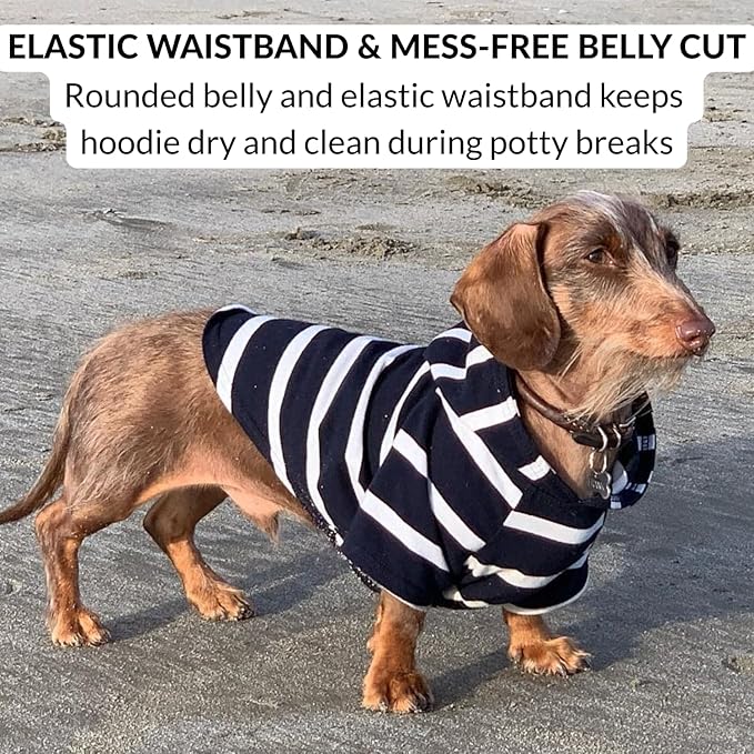 DJANGO Dog Hoodie – Warm, Lightweight, Soft & Stretchy Dog Sweater with Hood, Harness Hole & Elastic Waistband – Cozy Sweatshirt for Small Dogs up to 25 lbs, Dachshunds & Puppies – Navy Blue, Small