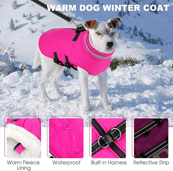 Dog Coat with Harness Built-in, Waterproof Reflective Fleece Lined - Warm Windproof Winter Jacket with Back Zipper, Cold Weather Snow Dog Coats - Pink - L