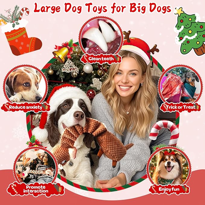 Christmas Dog Toys for Large Dogs：Squeaky Tug of War Interactive Dog Toys with Crinkled Paper-Plush Puppy Toys Keep Them Busy