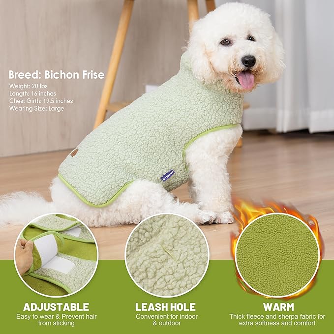 cyeollo Warm Dog Sweater Coat Fleece Sherpa Winter Sweater Coats, Turtleneck Dog Jacket Vest for Small Medium Large Dogs with Leash Hole, Soft Reversible Coats for Cold Weather, Green, M