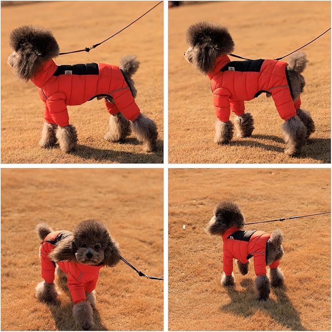 Dog Coat Dog Warm Jacket, 4 Legs Covered Waterproof Windproof Reflective Warm Dog Vest, Zippered Adjustable Outdoor Dog Snow Jacket for Small Medium Large Dogs Orange L