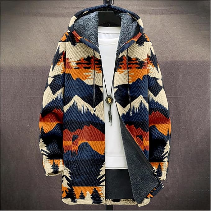 Mens Aztec Print Hoodie Heavyweight Cotton Fleece Jacket Zip Up Warm Long Sleeve Hooded Winter Midi Coat
