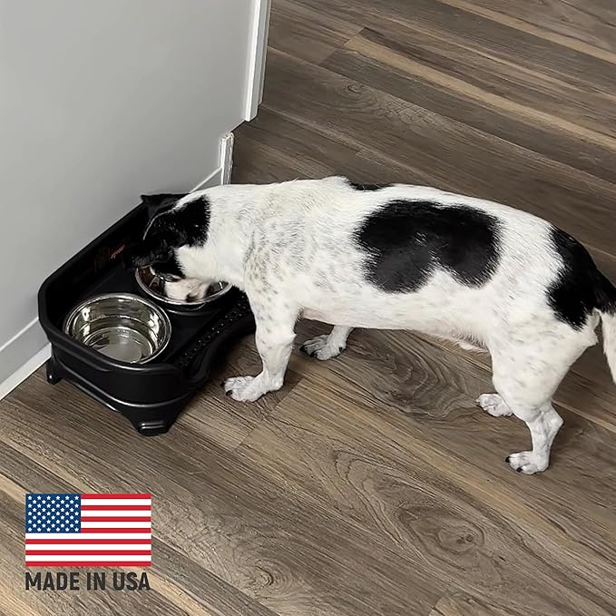 Neater Feeder Express Mess Proof Dog Bowls Elevated for Small Breed – Made in USA – No Spill Raised Slow Feeder Elevated Dog Bowl Stand, Stainless Steel Food and Water Bowl Set, Black
