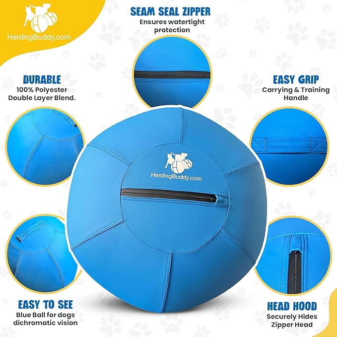 Herding Ball for Dogs - 18” Cover for Corgi, Collie, Cattle & All Herding Dogs Under 27 Pounds - Heavy Duty Dual Layered Cover - Thick Anti-Burst Inner Ball - High Flow Foot Pump