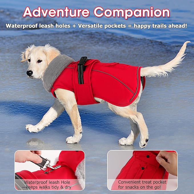 Dogcheer Dog Coat with Pocket, Waterproof Dog Jacket with Adjustable Buckle, Reflective Puppy Winter Coat Warm Turtleneck Fleece SnowJacket for Small Medium Large Dogs - Red XL