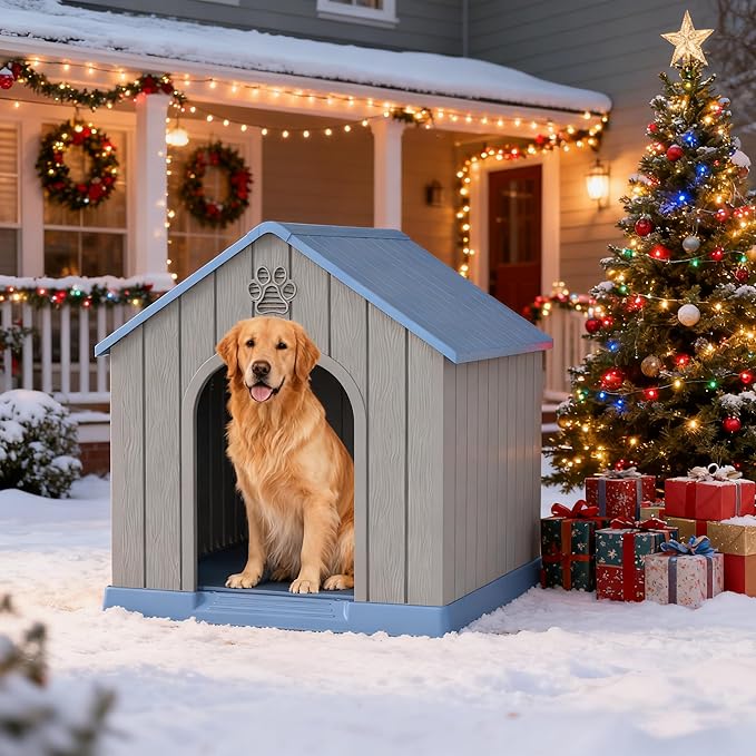 Large Dog House for Outdoor & Indoor, Waterproof Puppy Shelter with Air Vents & Elevated Floor, Easy Assemble Sturdy Dog Kennel for Large Dogs(Blue,36.2''L×38''W×38''H)