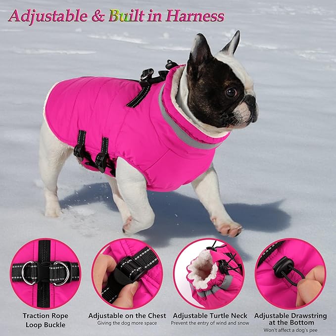 Dogcheer Dog Coat, Waterproof Dog Jacket with Harness, Reflective Adjustable Puppy Winter Coat with Zipper, Christmas Snow Jacket Clothes for Small Medium Large Dogs - Pink 2XL