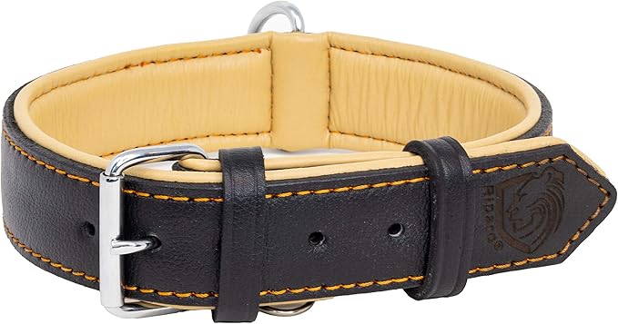 Riparo Adjustable Leather Dog Collar - Heavy Duty Wide Dog Collar for Small, Medium, Large and Extra Large Dogs with Dog Tag Holder (XXL: 2” Wide for 24”-29” Neck, Black/Orange Thread)