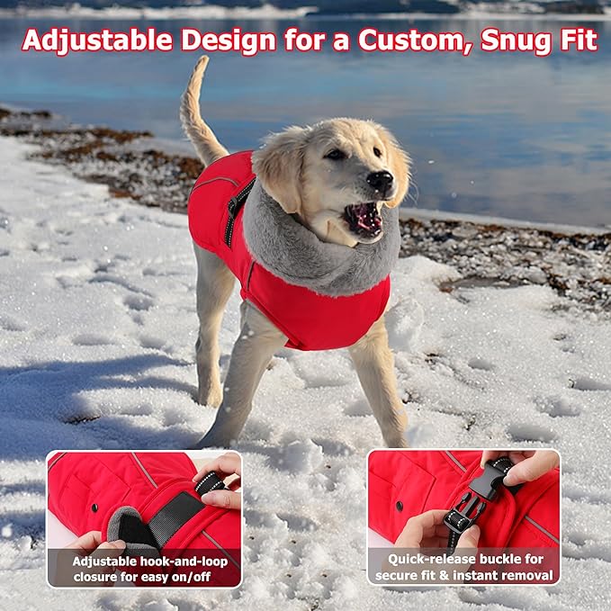 Dogcheer Dog Coat with Pocket, Waterproof Dog Jacket with Adjustable Buckle, Reflective Puppy Winter Coat Warm Turtleneck Fleece SnowJacket for Small Medium Large Dogs - Red XL