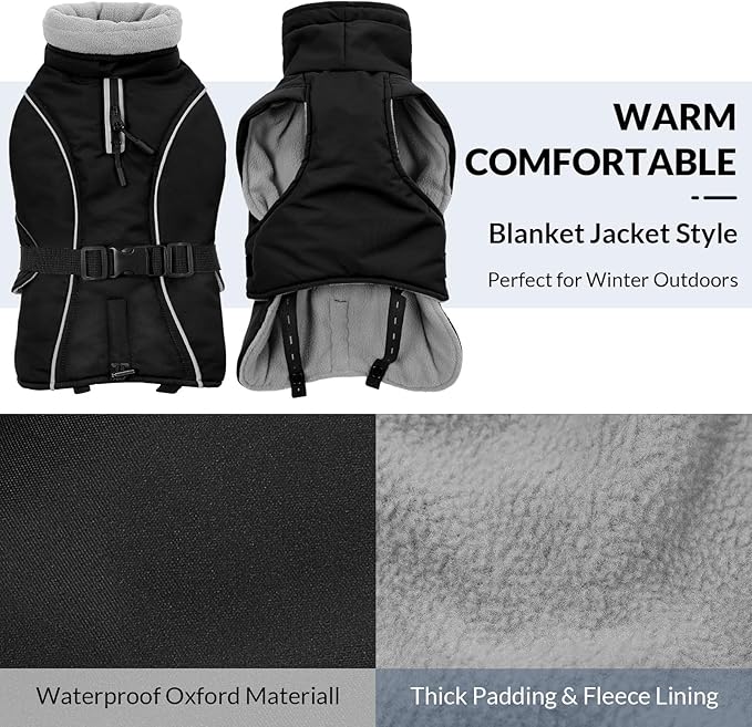 Queenmore Winter Dog Coat Warm Dog Jacket Vest Waterproof Puffer Fleece Snowsuit Adjustable Buckle Leash Hole Reflective Cold Weather Parka for Small Medium Large Dogs Girl Boy Black XL