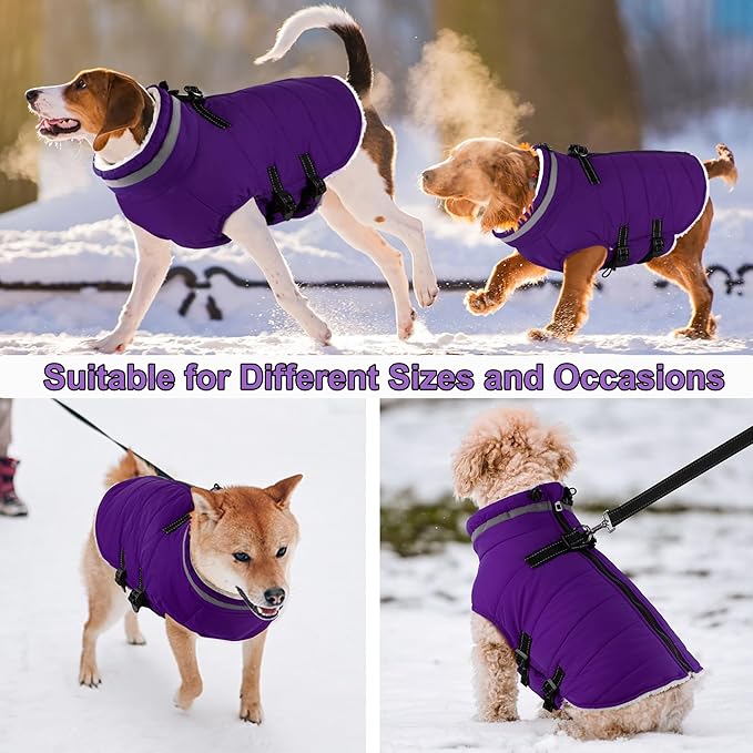 Dogcheer Dog Coat with Harness, Waterproof Dog Jacket Adjustable Pet Winter Coat with Zipper, Christmas Puppy Snow Jacket Fleece Sweater for Small Medium Large Dogs - Purple XL