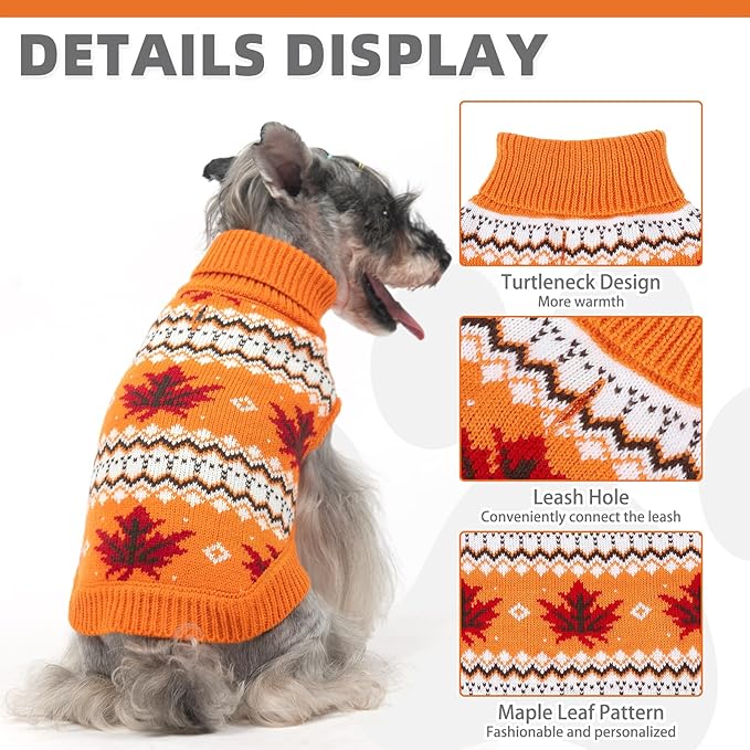 KOOLTAIL Cable Knit Dog Sweater Turtleneck, Cold Weather Pullover Classic Knitwear, Thick Warm Winter Pet Clothes, Fall Maple Leaves Thanksgiving Dog Sweater for Small Medium Large Dogs Cats, Orange L