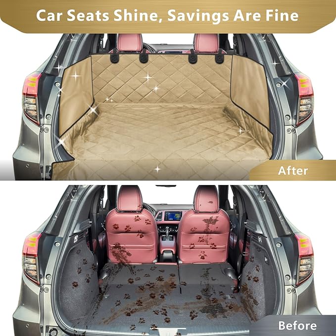 F-color SUV Cargo Liner for Dogs - Waterproof Pet Cargo Liner with Side Flaps, Comfort Dog Cargo Cover with Bumper Flap, Scrachproof Non-Slip Large Size Universal Fit SUVs Sedans Trunks Vans, Khaki
