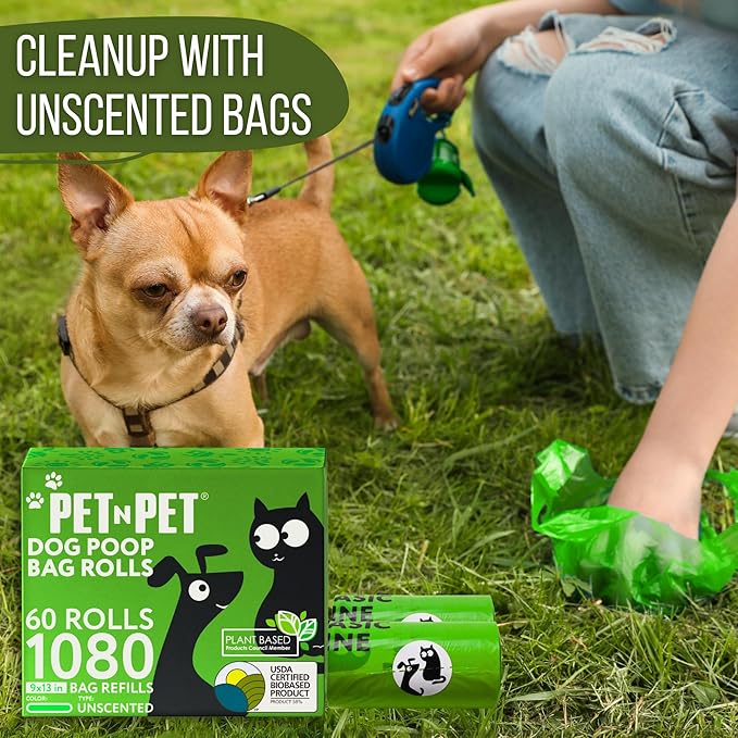 Pet N Pet 1080 Counts Poop Bags for Dogs, 41% Plant Based & 59% PE Extra Thick, Green Dog Poop Bags Rolls, 9" x 13", Unscented Pet Waste Bag