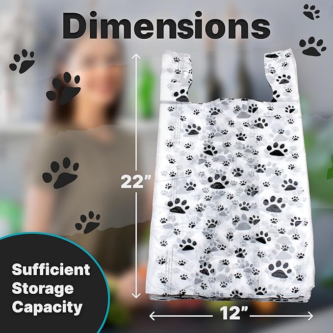 T-Shirt Bags – Paw Print Design - 50 Pack - Thank You & Shopping Bags - Cat or Dog - 22" L x 12" W x 7" Plastic (White, 50)
