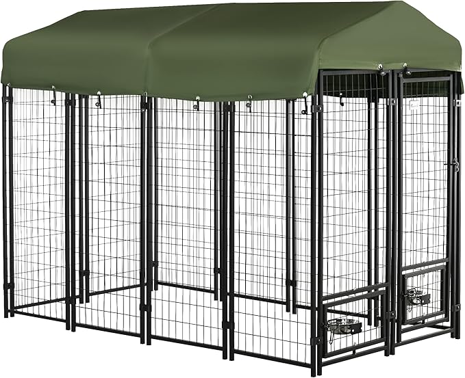PawHut 8' x 4' x 6' Dog Kennel Outside, Welded Wire Outdoor Dog Kennel Run with 360° Rotating Bowls, Waterproof & UV Resistant Cover, for S&M&L Breeds, Chickens, Ducks, Green