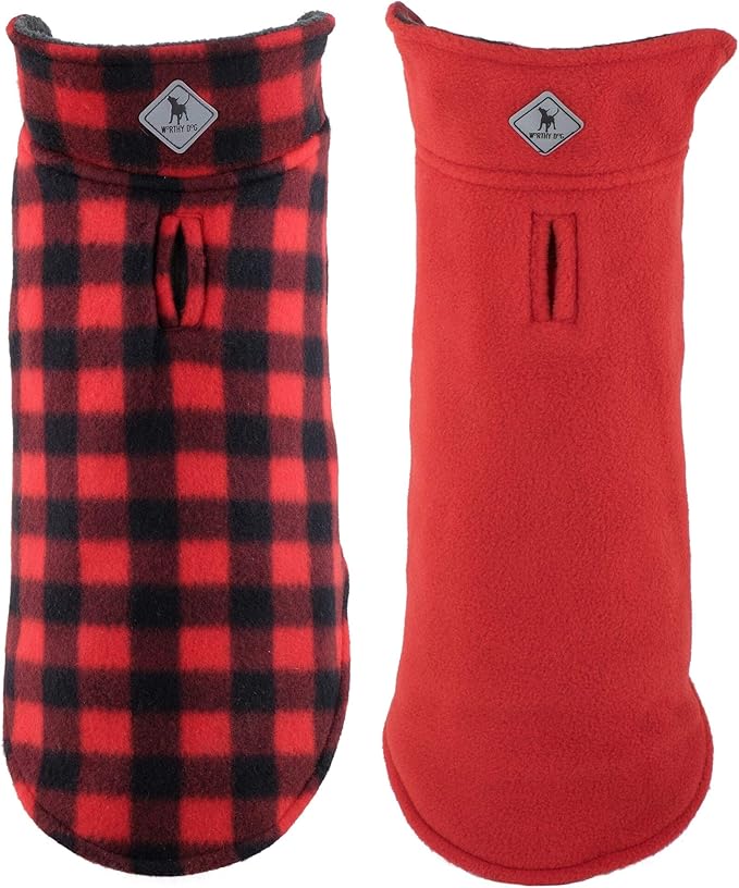 The Worthy Dog Fargo Fleece Buffalo Dog Jacket, Adjustable Reversible with Harness Hole, Wind-Resistant, Winter Outdoor Clothes for Pets, Red - 30''
