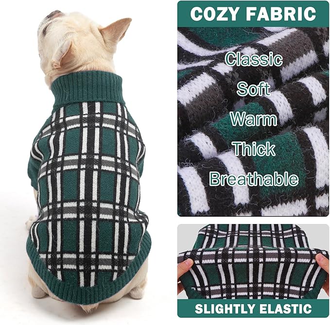 SCENEREAL Turtleneck Dog Sweater for Small Medium Large Dogs Girls Boys, Christmas Plaid Pullover Puppy Sweatershirt, Dogs Cold Weather Outfit Clothes, Ideal Gift for Pet in New Year, Green Plaid SM
