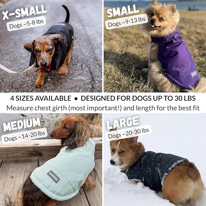 DJANGO Puffer Dog Coat – Warm Winter Dog Jacket & Water-Repellent Insulated Puffer Vest with Striped Lining, Harness Hole, Adjustable Fit for Small & Medium Dogs, Dachshunds – Rose Petal Pink, Small