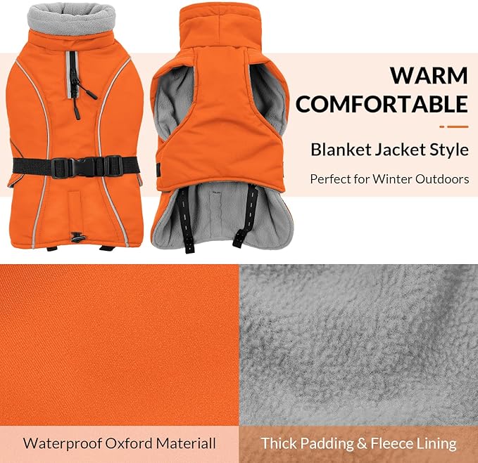 Queenmore Winter Dog Coat Warm Dog Jacket Vest Waterproof Puffer Fleece Snowsuit Adjustable Buckle Leash Hole Reflective Cold Weather Parka for Small Medium Large Dogs Girl Boy Orange XXXL