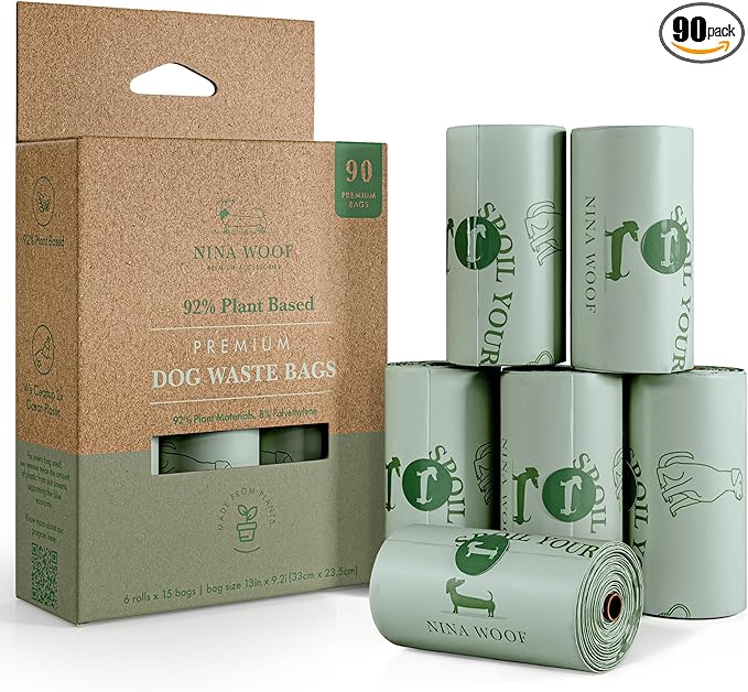 Nina Woof Eco-Friendly 92% Plant-Based Dog Poop Bags Rolls -90 Extra Thick, Durable, Leak-Proof, Odorless, Convenient Disposal - USDA Certified, Heavy-Duty Trash Bags and Garbage Bags