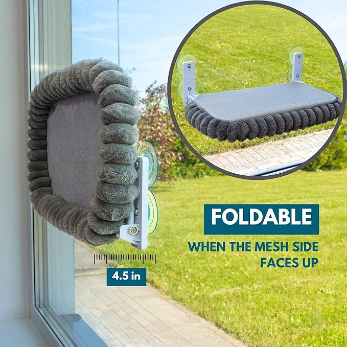 Cat Window Perch — Premium Cat Window Hammock with 4 Large Suction Cups & Soft Bubble Cushion; Strong Rustproof Metal Frame Window Bed Holding 40lbs; Easy Assembly Perch for Indoor Cats; Gray
