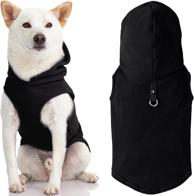 Gooby Fleece Vest Hoodie Dog Sweater - Black, Medium - Warm Pullover Dog Hoodie with O-Ring Leash for Small to Medium Dogs