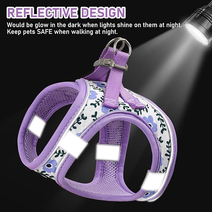 GAMUDA Small Dog Harness Collar and Leash Set, Step in No Chock No Pull Soft Mesh Adjustable Dog Vest Harnesses Plaid Reflective for Dogs Puppy Cats Kitten Rabbit (Purple Flower, XXXS)