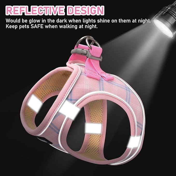GAMUDA Small Dog Harness Collar and Leash Set, Step in No Chock No Pull Soft Mesh Adjustable Dog Vest Harnesses Plaid Reflective for Dogs Puppy Cats Kitten Rabbit (Pink, M)