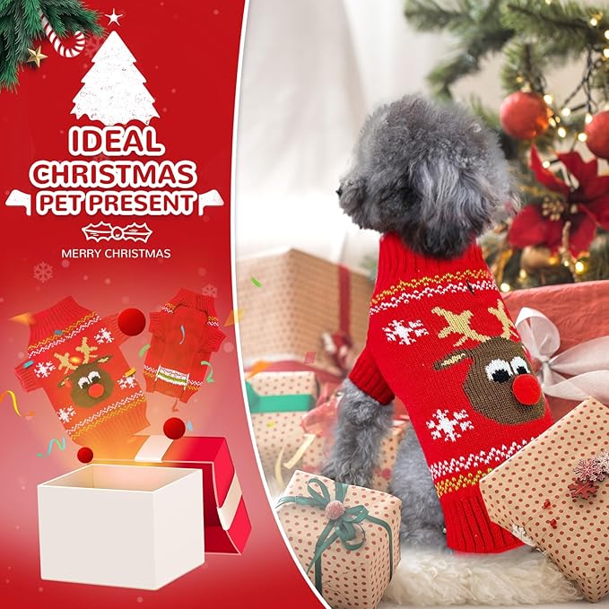 PETCARE Dog Christmas Sweater Red Ugly Funny Cute Cartoon Reindeer Cat Sweaters Jumper Holiday Dog Clothes Puppy Sweaters for Small Medium Large Dogs Fall Winter Outfits Xmas Dogs Costume,Small