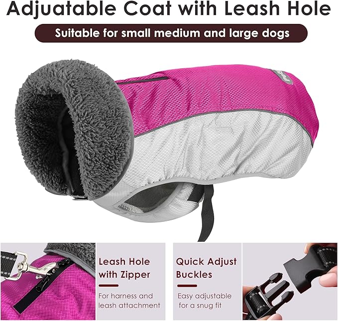 Dog Coat, Waterproof Ripstop Dog Winter Jacket with Leash Hole, Reflective Adjustable Warm Pet Fleece Snow Sweater for Small Medium Large Dogs - Rosy Red, M