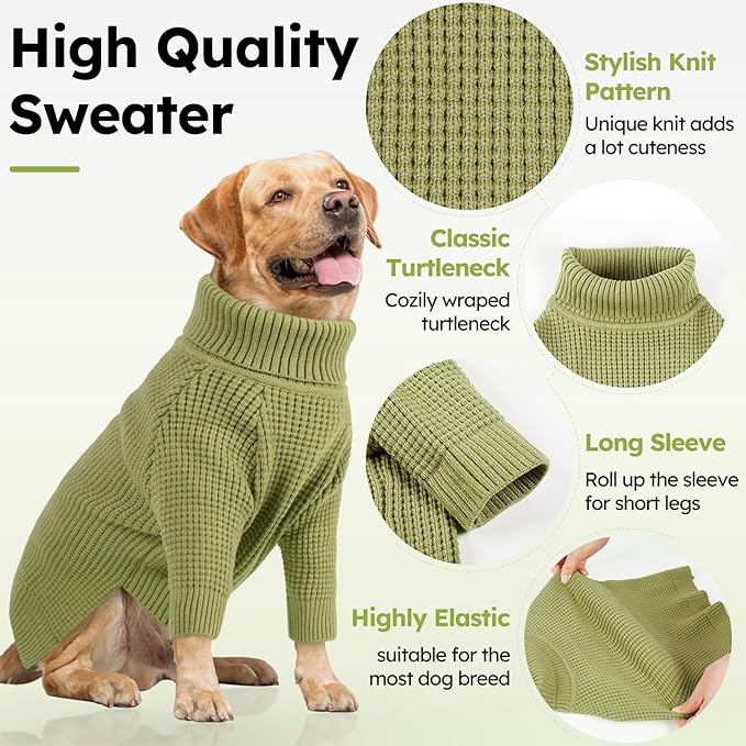 Queenmore Turtleneck Long Sleeve Knitted Sweater with Check Pattern, Fall Winter Warm Sweaters for Small to Large Dogs and Cats, Green