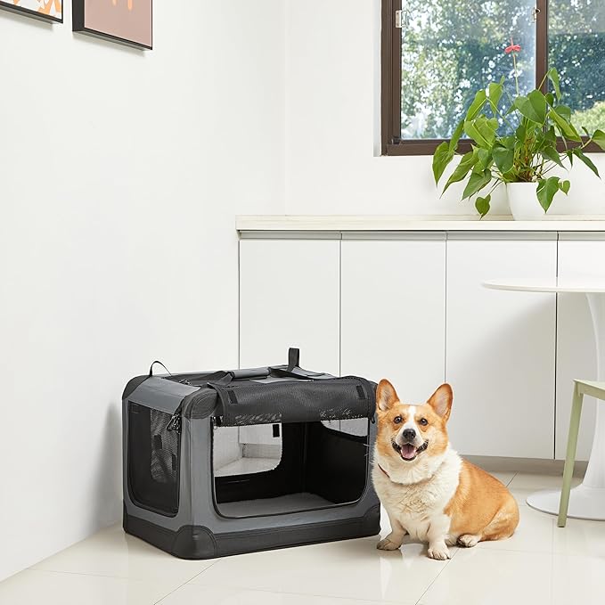 Amazon Basics 4-Doors Portable Soft-Sided Folding Travel Crate Kennel for cat, Dog, and Other Small Animals, Grey, S 26" x 18" x 18"
