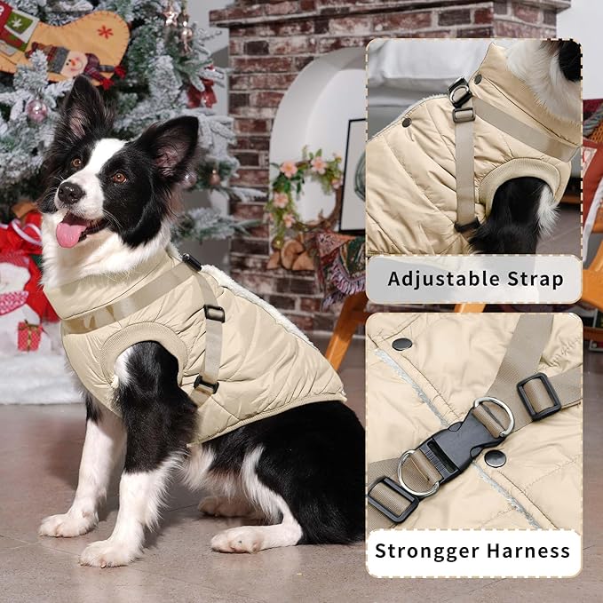Dog Jacket with Harness,Fleece Lined Warm Puppy Coat for Winter,Soft Windproof Large Dog Vest,Khaki XXXL