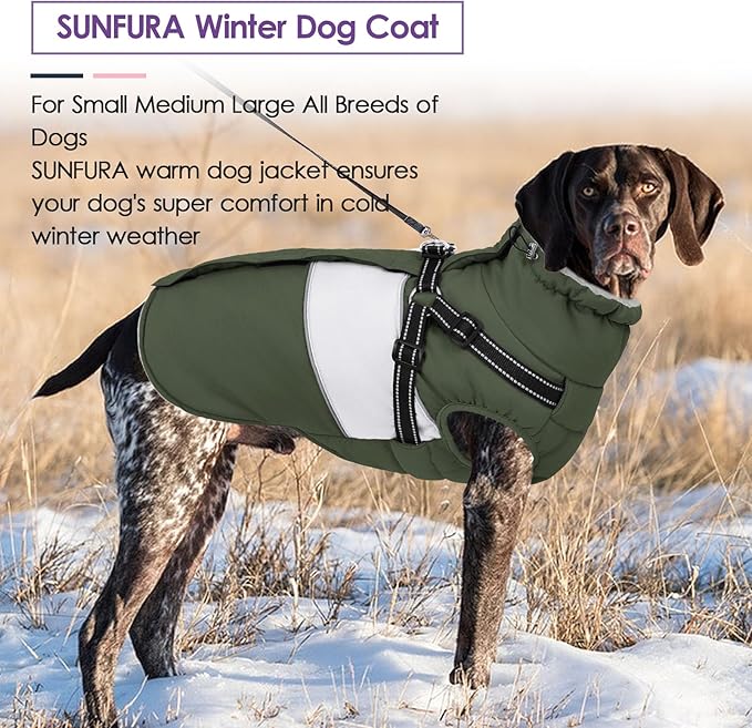 SUNFURA Dog Winter Coat, Waterproof Dog Coat Jacket with Harness for Medium Dogs Boys Girls, Reflective Fleece Lined Pet Snow Jacket Sweaters for Pug, Jack Russel, Boston Terrier, Army Green M