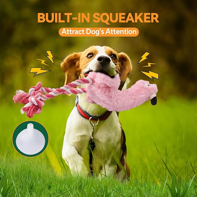 AUSCAT Plush Dog Rope Toy, Durable Squeaky Dog Toys for Puppy Small Medium Dogs (Not for Aggressive Chewers), Flamingo