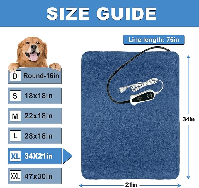 Bestio Heated Dog Bed 34x21in New Smart Thermostatic Switch with Constant-On Functionality UL & MET Dual Certified, Puppy Bed with Steel Cable Protection Tube - Blue
