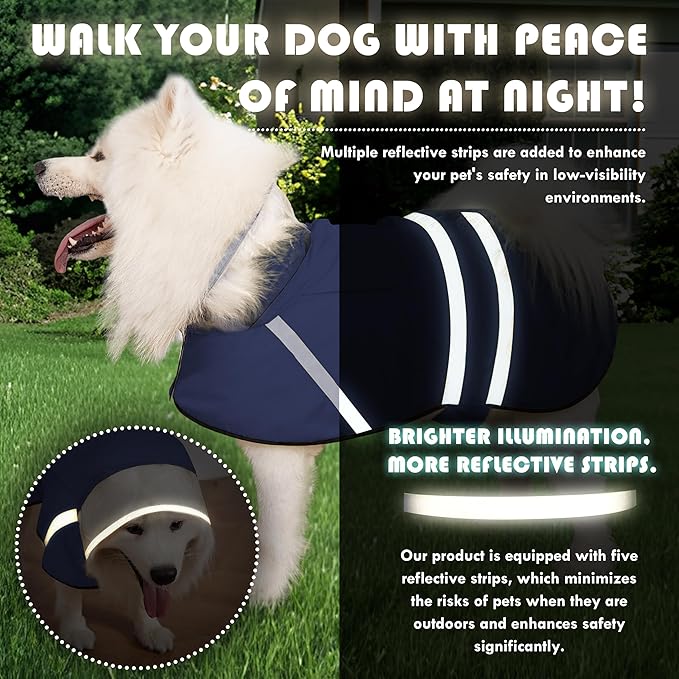 Dog Raincoat, Adjustable Rain Jacket with Hooded Double Layer for Large Medium Small Dogs Puppies, Lightweight Waterproof Rain Coat Poncho with Reflective Stripe Navy,L