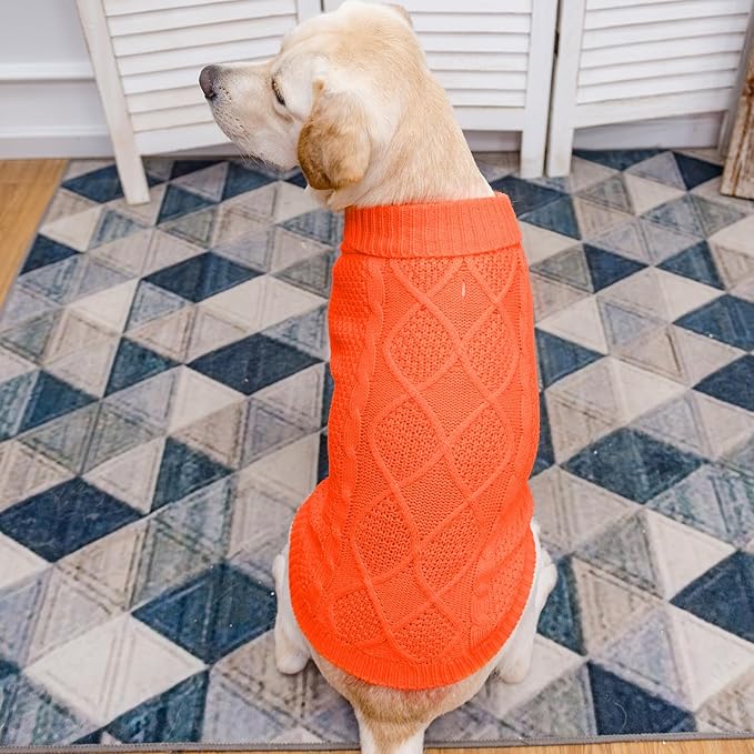 Mihachi Turtleneck Dog Sweater - Winter Coat Apparel Classic Cable Knit Clothes with Leash Hole for Cold Weather, Ideal Gift for Pet in New Year Orange Medium