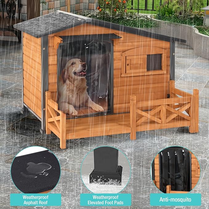 Dog House for Outdoor Use with Matel Frame, Waterproof Design- All-Weather Wooden Kennel with Sliding Window & Metal Frame (Wood, L)