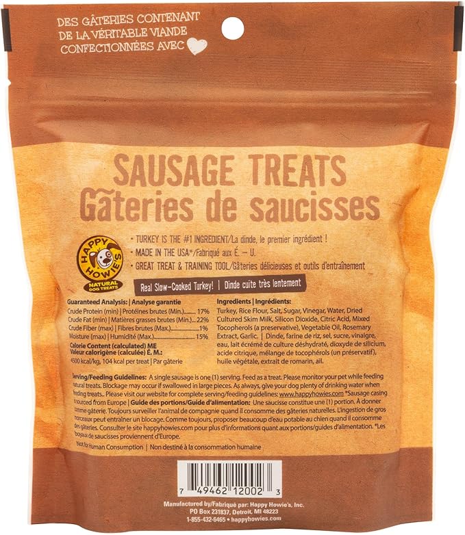 Happy Howie's Sausage Treats - Healthy Dog Treats, Flavorful, Slow Cooked, Natural Ingredients, Chewy Dog Treats, Hormone Free - Turkey, (Pack of 1)