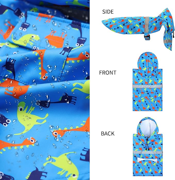 NACOCO Large Dog Raincoat Adjustable - Pet Dinosaurs Water Proof Clothes Lightweight Rain Jacket Poncho Hoodies with Strip Reflective Blue (XXXL, Blue Dinosaur)